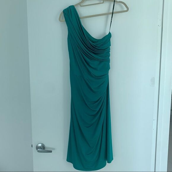 Tadashi Shoji Emerald One Shoulder Evening Cocktail Dress Gown - Picture 8 of 9